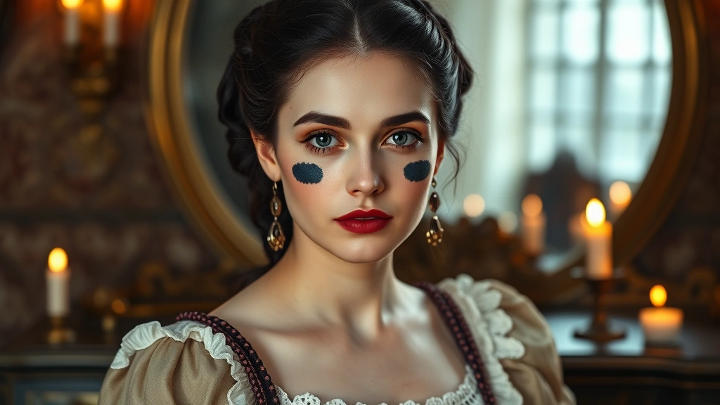A woman in 1700s Georgian dress with pale porcelain complexion, perfectly circular rosy cheeks, and rosebud lips, wearing black beauty patches on her face, sitting at a vanity with candlelight