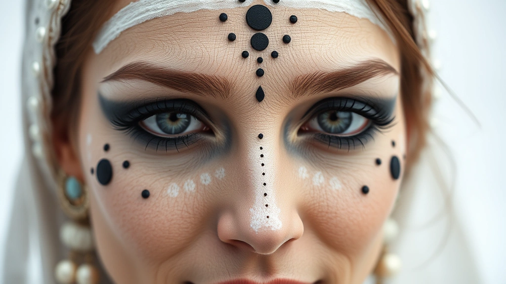 Close-up of a Georgian woman's face showing dramatic black kohl-lined eyes, thin arched eyebrows, white face paint, and intricate beauty patch placement near the eyes and cheekbones