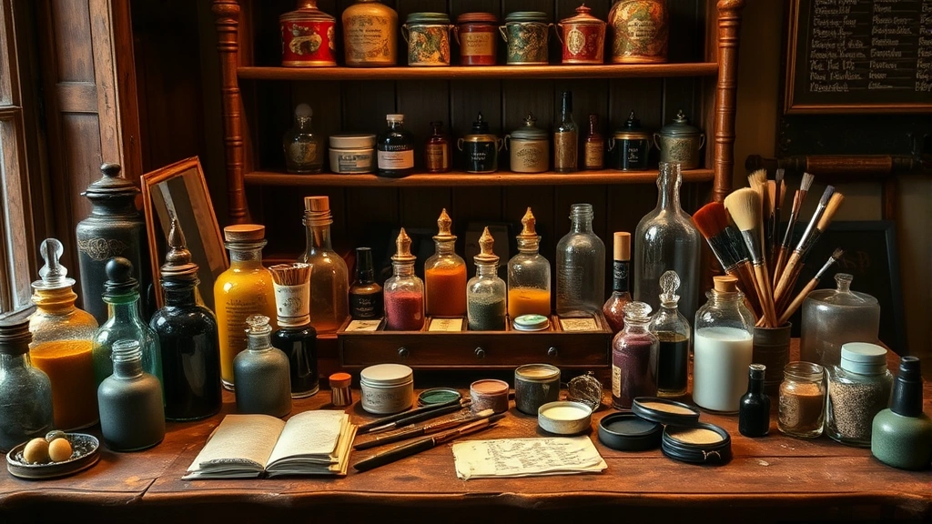 A 1700s makeup artist's workstation with various glass bottles of pigments, brushes, kohl sticks, silk patches, and cosmetic preparations arranged on a wooden table with period lighting