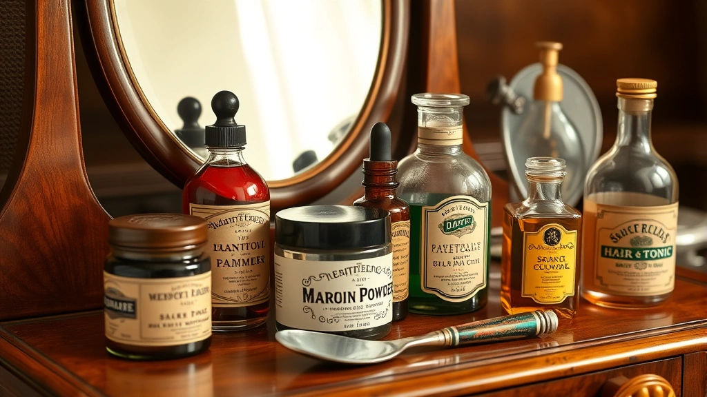 Close-up of vintage 1920s men's grooming products including glass jars of pomade, face powder containers, cologne bottles, and hair tonic bottles arranged artfully on a mahogany vanity with a silver hand mirror