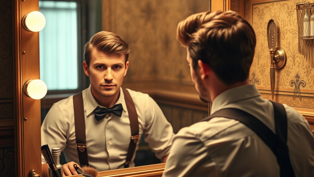 A stylish 1920s man with perfectly waved hair and polished skin looking confidently into a mirror, wearing suspenders and dress shirt, with vintage grooming tools like combs and brushes visible on the vanity