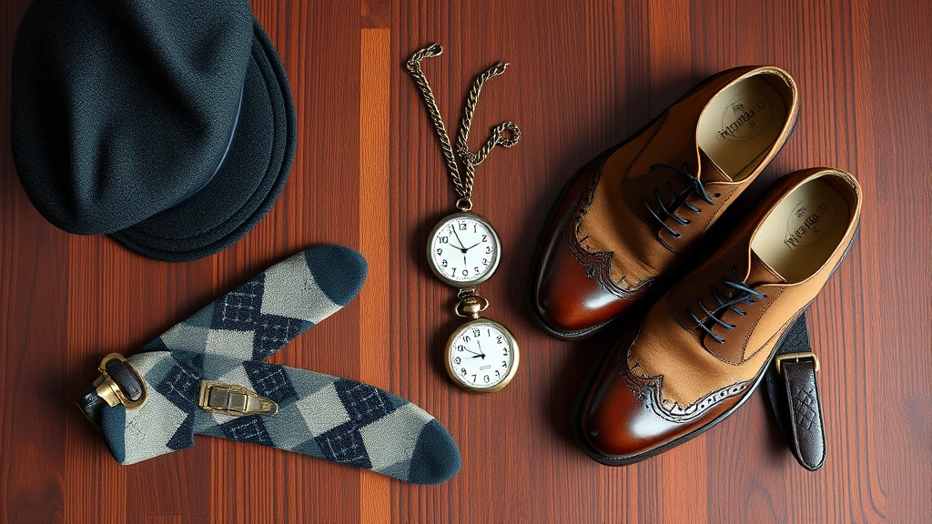 Overhead flat lay styling shot showing 1920s men's accessories including a flat cap, argyle socks, two-tone spectator shoes, suspenders with geometric patterns, and a vintage pocket watch with chain on rich mahogany wood surface