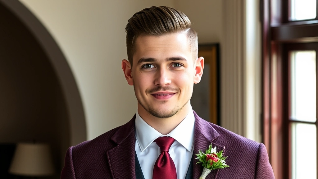 Portrait of a well-groomed man with slicked-back pomaded hair, clean-shaven face, wearing a burgundy herringbone suit jacket with notched lapels, coordinated tie, and boutonniere, photographed in natural window lighting