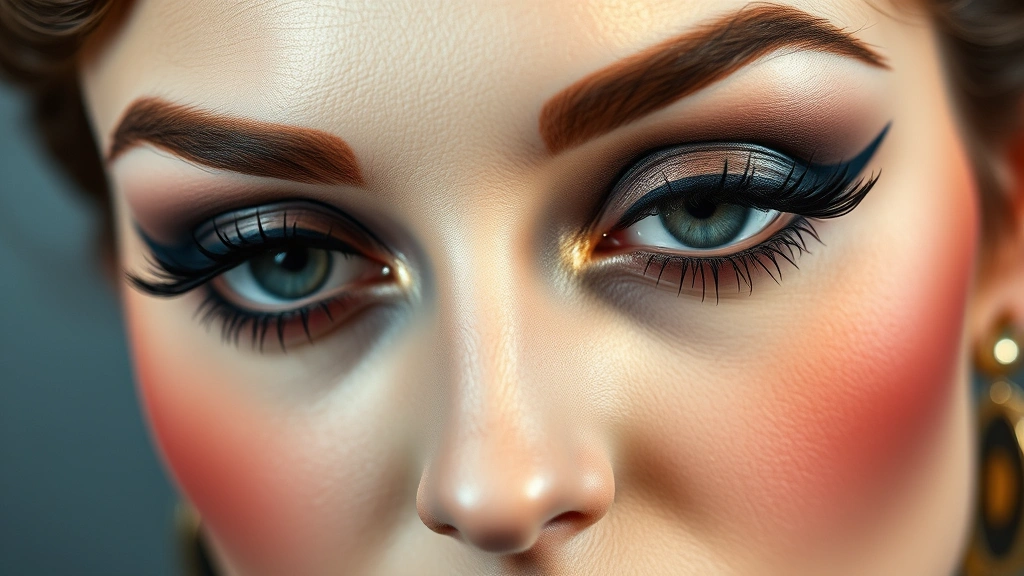 Detailed view of 1920s eye makeup technique showing dark kohl-lined eyes with extended cat-eye shape, thick beaded mascara on upper lashes, concentrated round blush placement on cheekbones, and dramatic eyebrow arch, photographed in professional beauty lighting