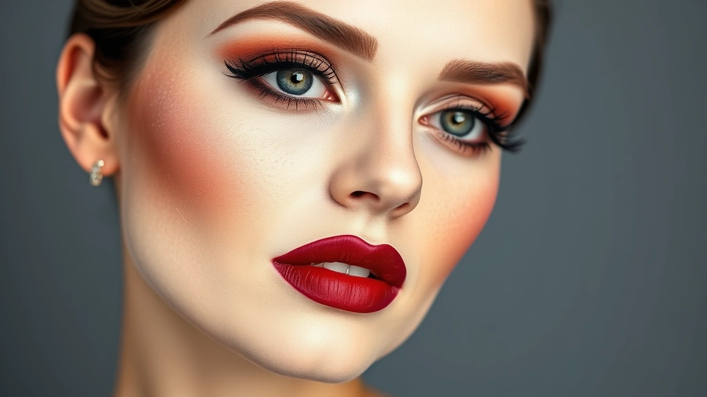 Vintage-inspired 1920s makeup look featuring complete face with pale powdered matte base, bold geometric eye definition in black and brown tones, concentrated circular blush in coral-pink, and deep burgundy matte lipstick with sharp lip line definition, studio photography