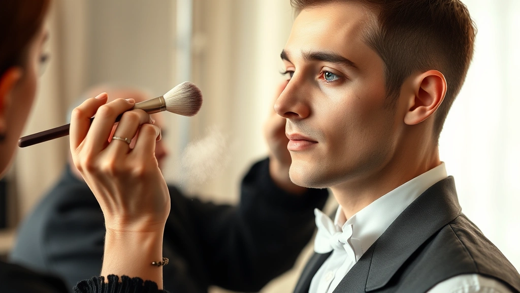 Vintage-style makeup application demonstration on male model, showing powder brush technique, soft natural light, professional makeup artist hands, refined grooming, 1920s inspired look