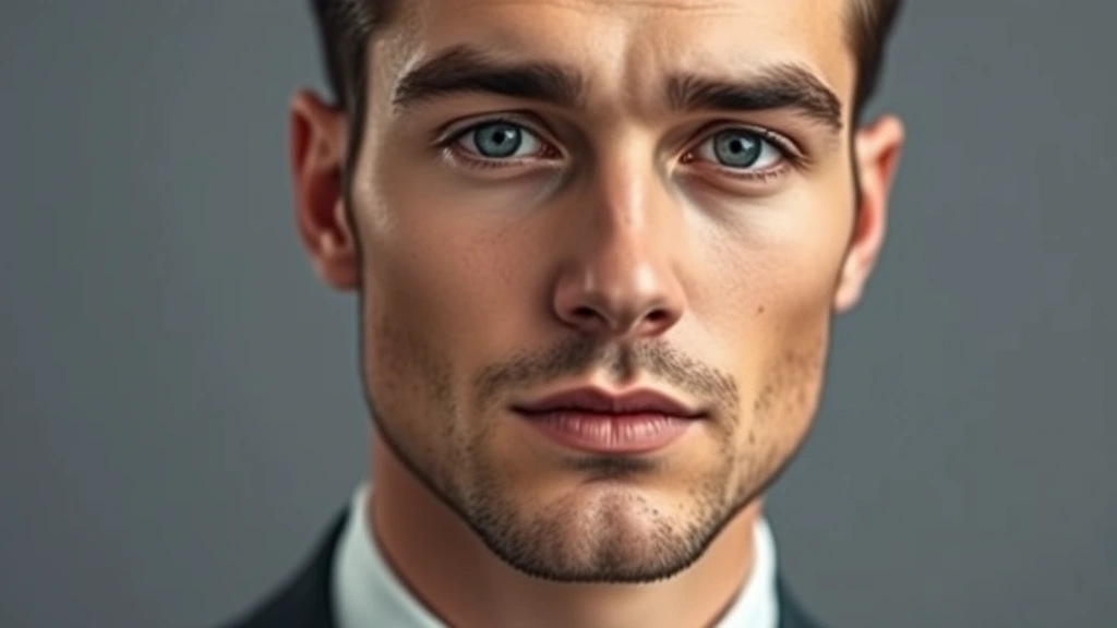 Finished 1920s-inspired male grooming look, sophisticated facial features, subtle eyebrow definition, matte complexion, natural-looking enhancement, professional portrait lighting, polished appearance