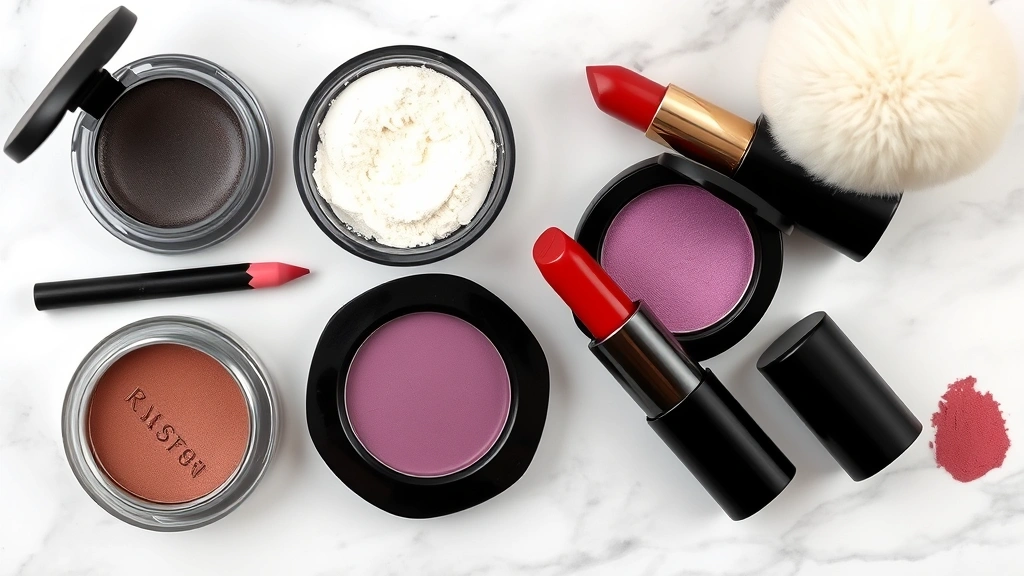 Overhead flat lay of vintage 1920s-inspired makeup products: cream eyeshadow pots in black and purple, kohl pencils, red lipstick tubes, loose powder with large puff, all arranged artfully on a marble surface