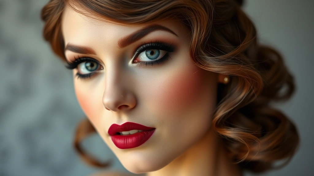 Portrait of a woman wearing full 1920s flapper makeup: complete with smoky eye, defined lower lash line, thin brows, rosy cheeks with circular blush placement, matte lips in deep burgundy, hair styled in vintage waves