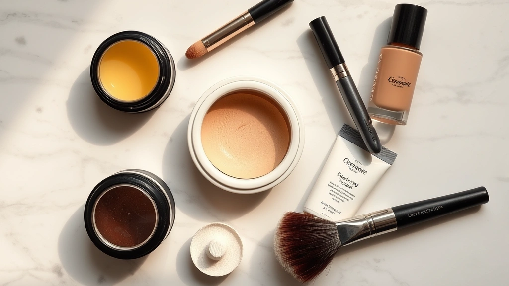Top-down view of vintage grooming products arranged artfully: pomade jar, eyebrow wax, powder, concealer, brush, and tinted moisturizer on marble surface with soft natural lighting