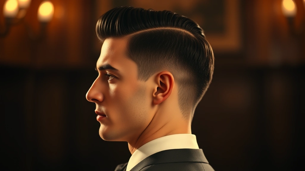 Profile view of a man with slicked-back pomaded hair styled in classic 1920s fashion, showing defined jawline, groomed appearance, wearing formal attire, warm vintage-toned lighting