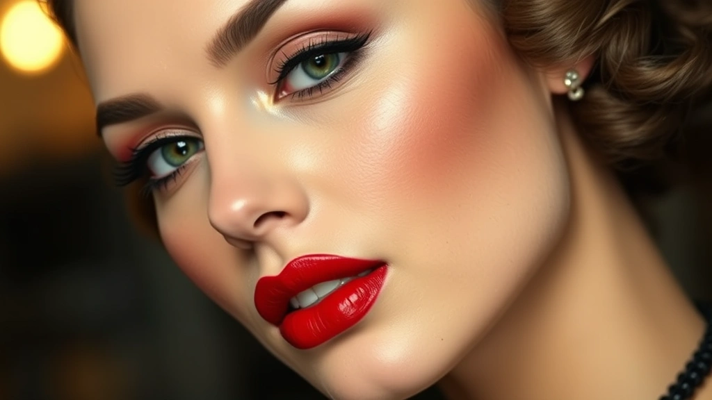 Woman's face displaying complete 1930s makeup look with bold deep red lipstick, defined lips, warm-toned blush, sculpted eyebrows, and polished matte complexion, elegant and sophisticated