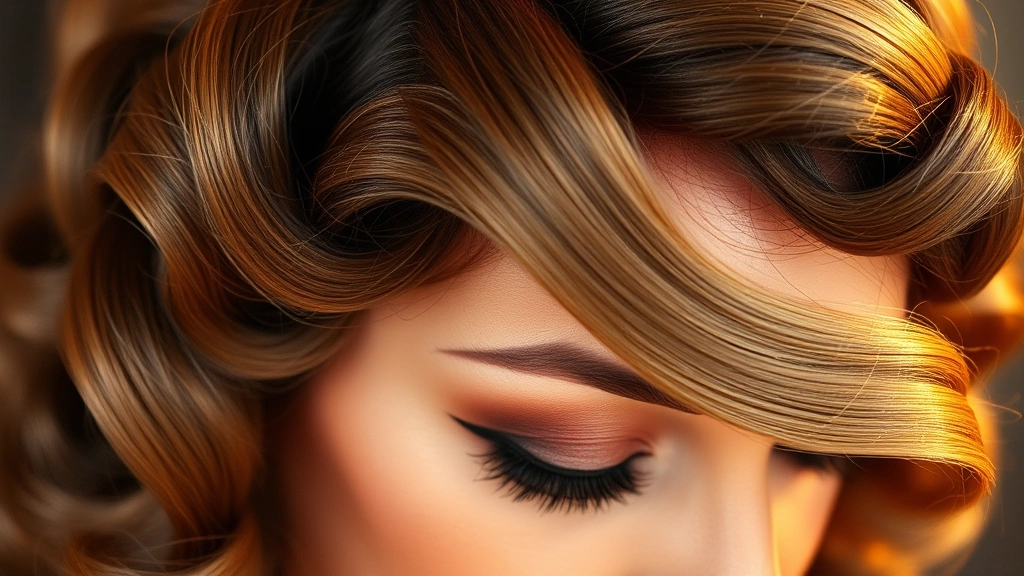 Close-up of intricate 1930s finger waves pattern, showing dimensional wave texture and shine, woman's face partially visible with period-appropriate makeup, warm lighting highlighting wave definition, hair appears glossy and well-maintained