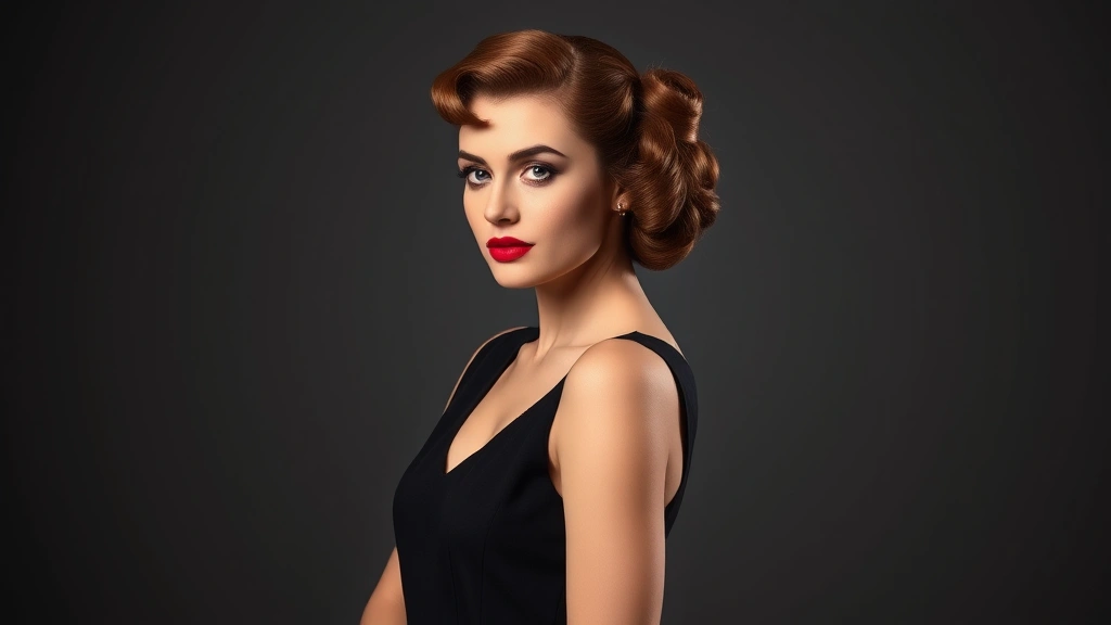 Full-length glamour shot of woman with classic 1930s victory rolls hairstyle, elegant posture, wearing vintage-inspired clothing, hair styled with polished curls pinned at sides of head, professional studio portrait with soft dramatic lighting