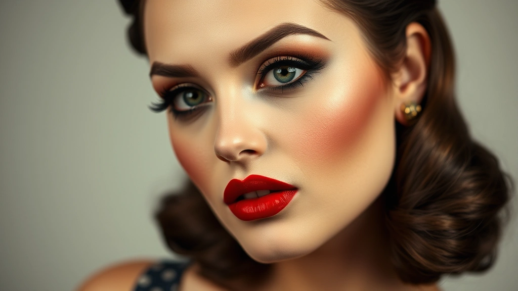 Glamorous woman with complete 1930s makeup look including high-arched eyebrows, defined smoky eyes, and deep red lipstick, soft studio portrait lighting, classic Hollywood style