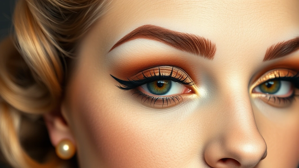Close-up portrait of woman with perfectly shaped 1940s eyebrows, bold winged eyeliner, and warm-toned eyeshadow in soft brown and gold. Professional makeup artistry, studio lighting, vintage-inspired styling with victory rolls or styled hair.
