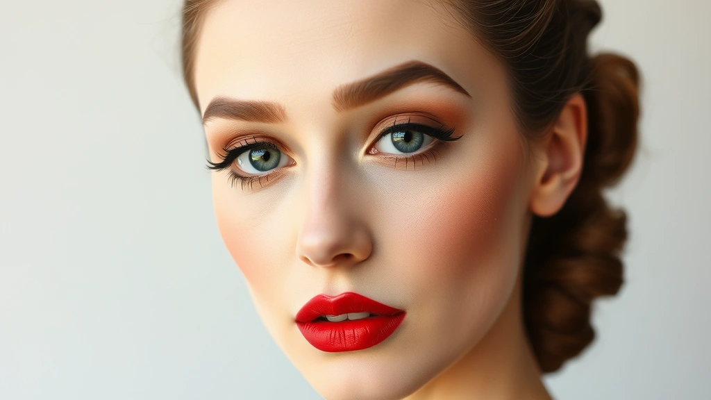 Full face makeup demonstration showing complete 1940s aesthetic: matte porcelain complexion, dramatic brows, smoky eye with defined crease, and signature red lip. Model facing slightly toward camera, professional beauty photography, natural studio lighting.