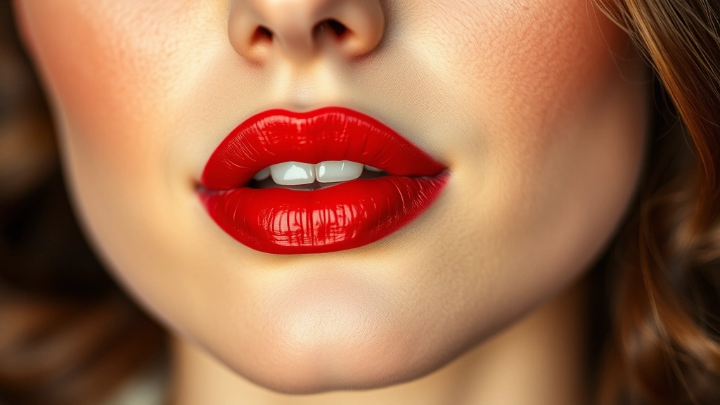 Detailed shot of perfectly applied classic 1940s red lipstick on woman's lips with defined cupid's bow and sharp lip line. Complementary makeup visible, professional macro photography, warm professional lighting, timeless beauty focus.