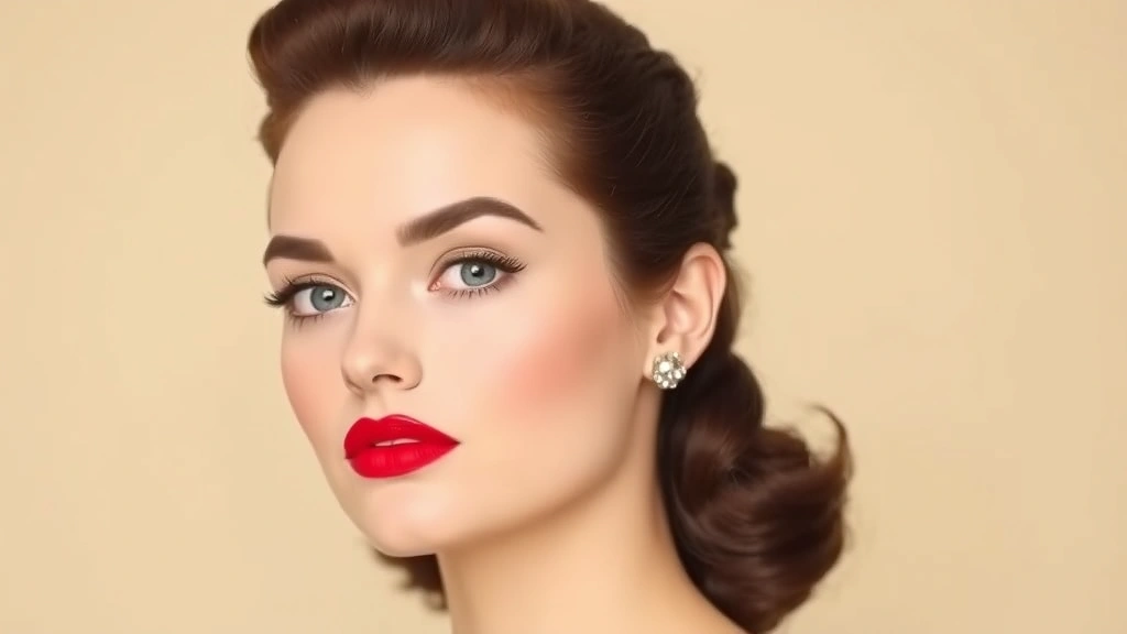 Full face portrait of woman wearing classic 1940s makeup with bold red lipstick, defined eyes, and matte porcelain complexion, vintage-inspired styling