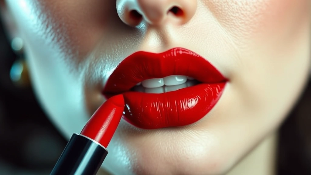 Detail shot of 1940s-style bold red lipstick application with sharp cupid's bow definition on neutral-toned lips, professional makeup artistry