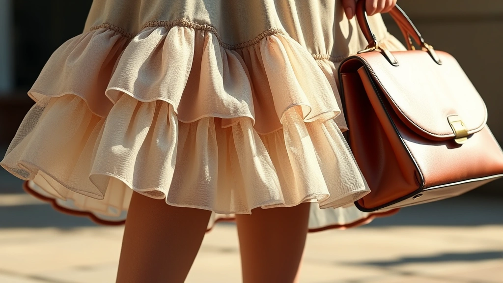 Close-up detail of 1950s dress styling showing petticoat layers creating skirt volume, seamed stockings, vintage pump shoes, and structured handbag, soft natural lighting highlighting fabric textures and accessories