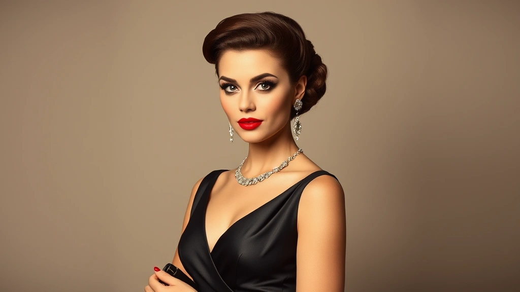 Woman in elegant 1950s cocktail dress with sheath silhouette, dramatic winged eyeliner makeup, vintage updo hairstyle, chandelier earrings, holding structured evening handbag, sophisticated studio portrait lighting