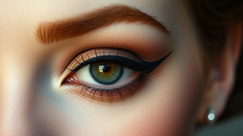 Detailed shot of a woman's eye demonstrating authentic 1950s eyeshadow application with champagne base, warm brown in the crease, and dark charcoal along the lash line, showing the precise blending and structured technique characteristic of the era