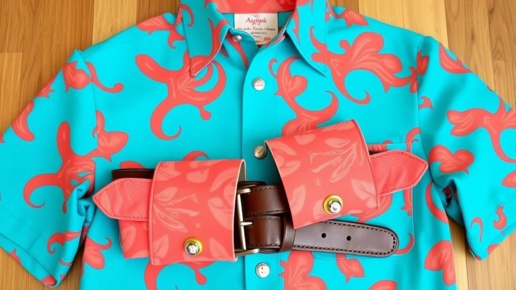 Close-up of vintage bowling shirt with bold atomic pattern in turquoise and coral, displayed flat to show vibrant color and print detail, paired with period-appropriate leather belt and cufflinks