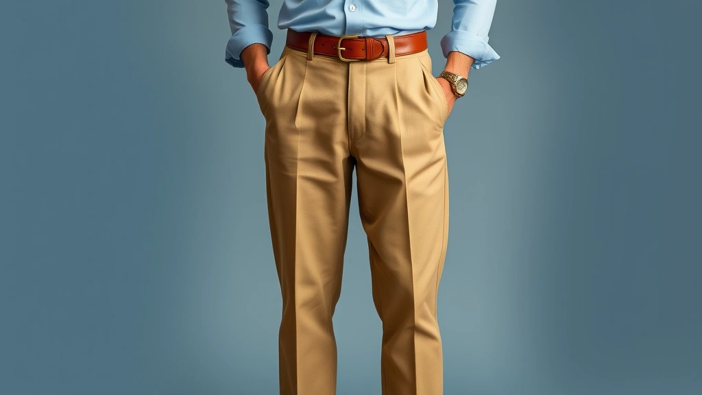 Man wearing classic 1950s casual outfit: high-waisted khaki trousers with cuffs, light blue sport shirt, brown suede loafers, leather belt with decorative buckle, hands in pockets showing relaxed confidence