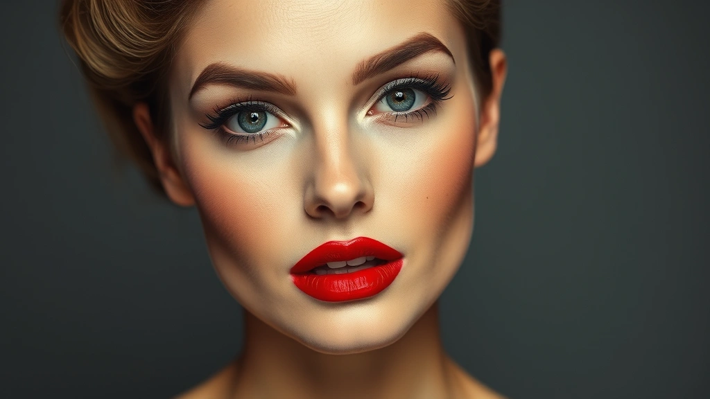 Woman's face showing complete 1950s makeup look with matte foundation, bold red lipstick, arched eyebrows, and blushed cheeks, vintage aesthetic, professional beauty photography