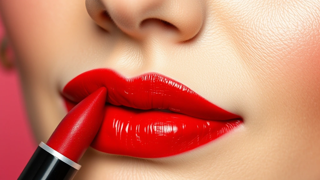 Detailed shot of classic red lipstick application on lips with defined lip liner, vintage 1950s style, beauty close-up photography, professional cosmetics