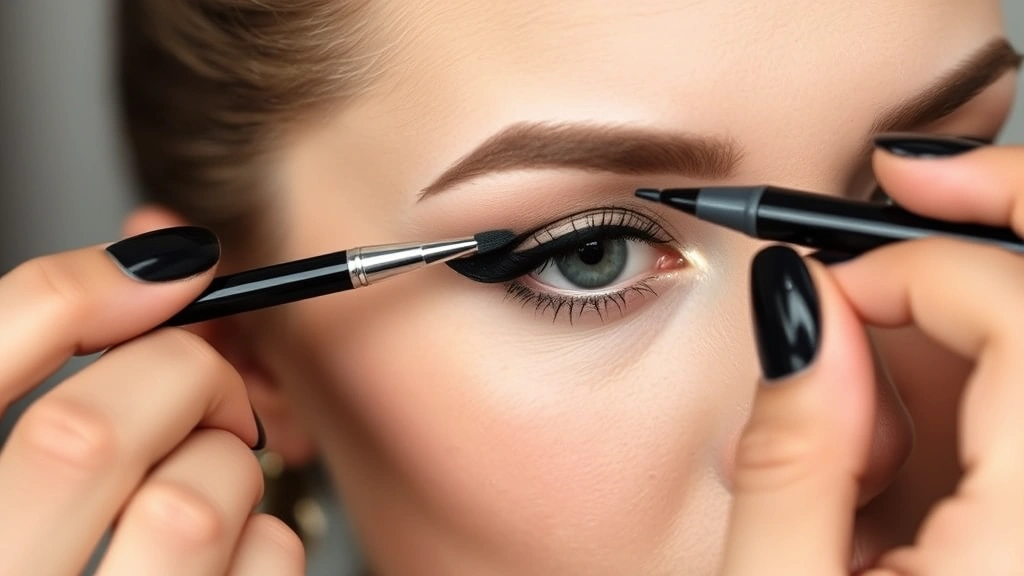 Professional makeup artist applying black liquid eyeliner with a precise brush to create a sharp winged eyeliner flick, demonstrating the technique used in 1960s makeup artistry with steady hand and professional tools