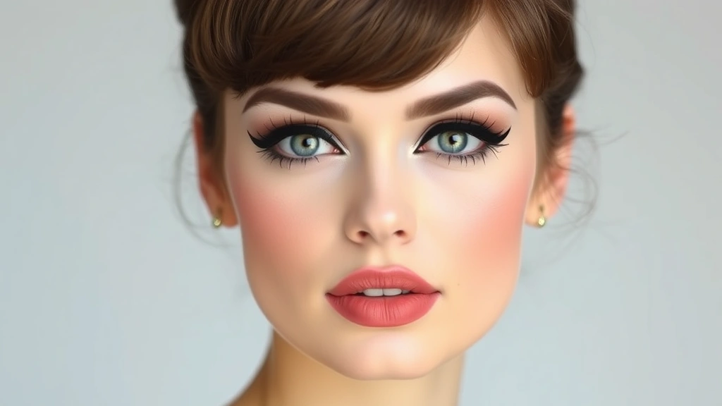 Full face portrait of a model wearing complete 1960s makeup including pale complexion, graphic black eyeliner wings, thick false lashes, pale pink lips, and thin arched eyebrows, styled with period-appropriate hair and minimal background