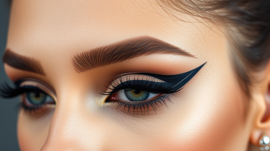 Bold graphic black eyeliner with geometric sharp winged design on diverse skin tone, artistic eye makeup, clean precise lines, professional makeup application, close-up detail shot