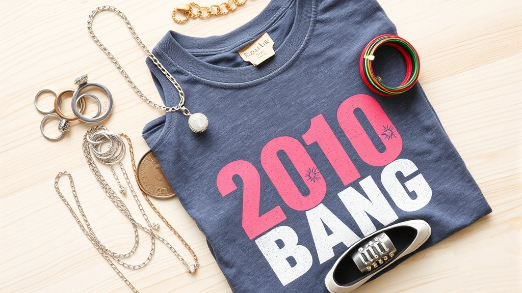 Flat lay arrangement of 2010 fashion accessories including stacked silver and gold rings, multiple delicate chains, colorful bracelets, and vintage band graphic tee folded neatly, arranged artfully on light wooden surface