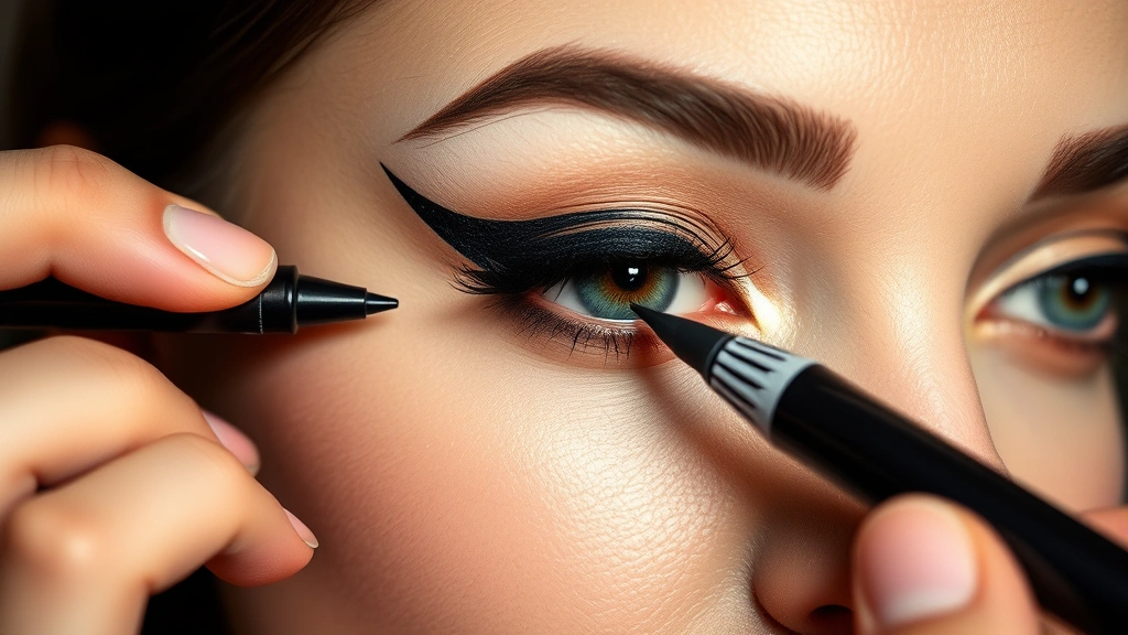 Beauty artist drawing precise winged eyeliner using liquid black eyeliner pen, extreme close-up showing graphic cat-eye technique with sharp wing extending beyond eye corner, professional makeup lighting emphasizing precise line definition