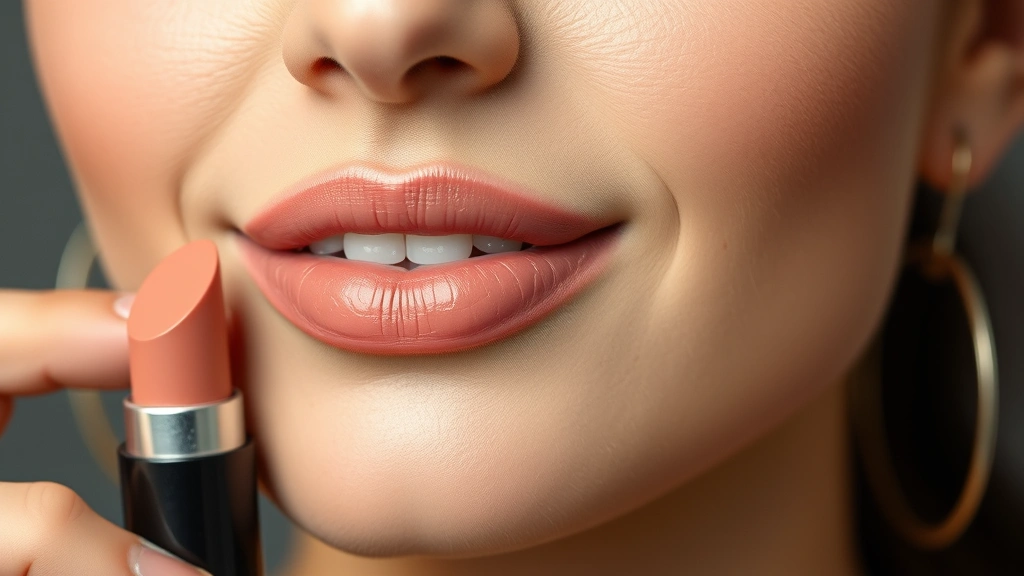 Makeup artist displaying nude lipstick swatch on model's lips, natural lip color with subtle gloss finish, professional beauty photography showing lip shade matching skin undertone, soft diffused lighting for authentic color representation