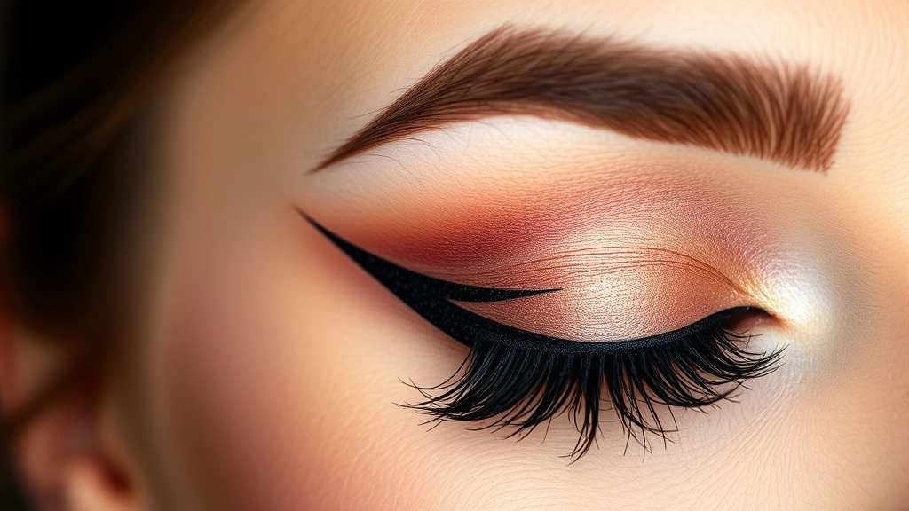 Sharp graphic eyeliner art on closed eye, bold geometric winged design, precision liquid liner, defined clean lines, jewel-toned eyeshadow blending, professional makeup artistry close-up