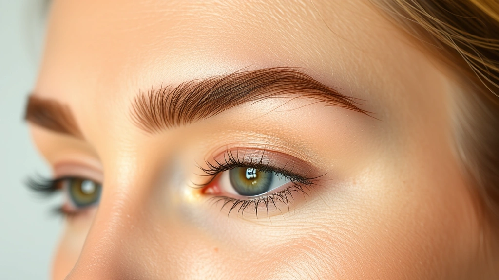Natural full eyebrows on model face with light brow gel, feathered brow hairs, subtle brow powder enhancement, healthy groomed appearance, soft lighting showing natural brow architecture