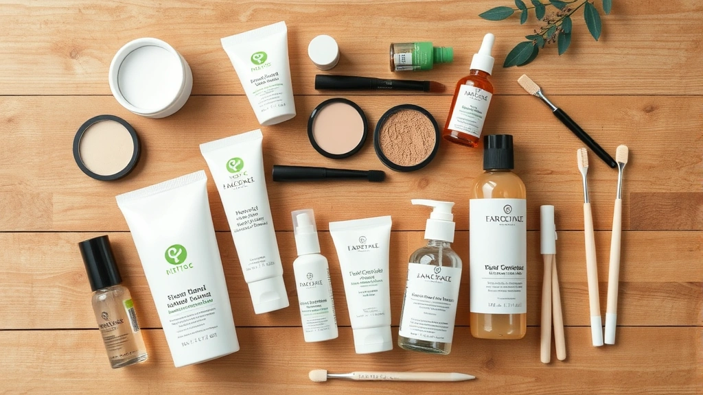Flat lay of sustainable beauty products including refillable makeup containers, recyclable packaging, natural ingredient bottles, and eco-friendly cosmetic applicators on wooden surface