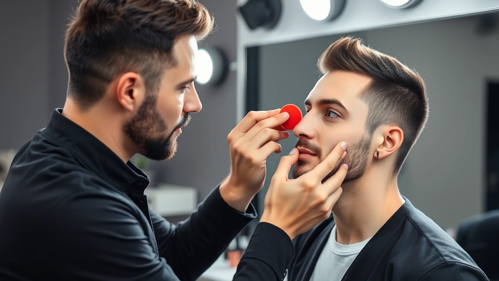 Male makeup artist applying tinted moisturizer to another man's face with a beauty sponge, hands-on tutorial demonstration, bright studio lighting, cosmetic products visible on counter