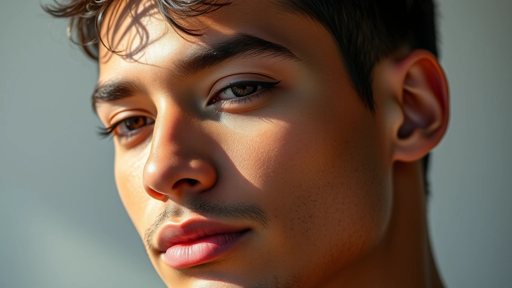Portrait of a man wearing subtle eyeliner and warm-toned eyeshadow, confident expression, natural daylight, modern aesthetic, diverse representation