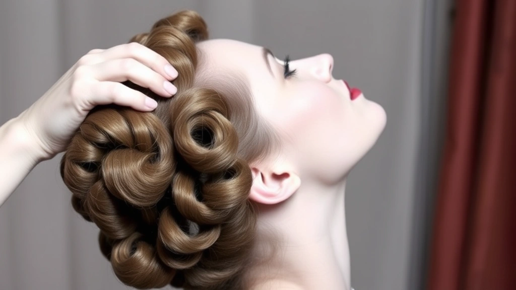 Woman's head tilted to show elaborate pin curl pattern with setting lotion applied, metal pins visible, showing the precision and care required for authentic 1950s styling