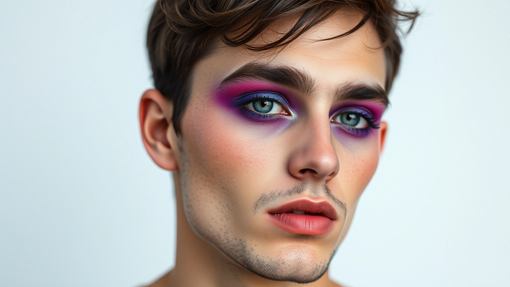 Male model wearing psychedelic eyeshadow in vibrant colors purple and blue, blended gradient technique, natural skin texture, 1960s inspired beauty look, artistic makeup application