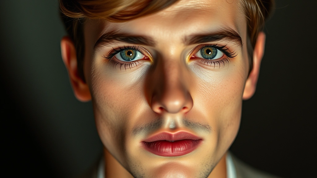 Vintage inspired male makeup look featuring defined eyes with subtle shimmer, professional stage lighting, dramatic lashes, sophisticated complexion work, authentic 60s aesthetic recreation