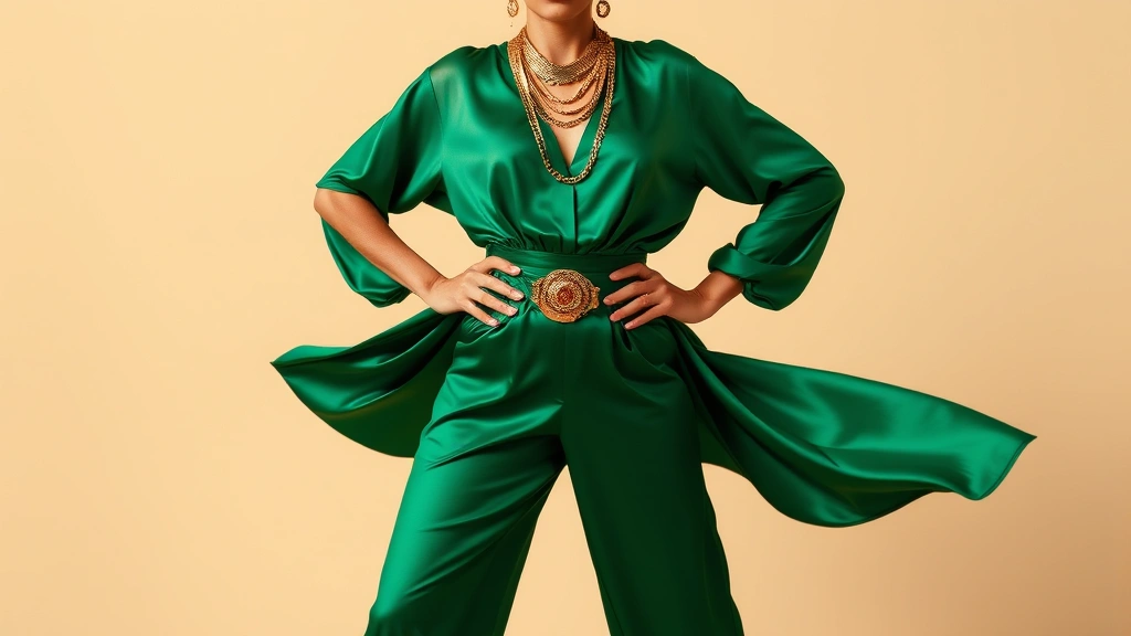 Woman in a flowing emerald green satin jumpsuit with wide legs and cinched waist, wearing layered gold chain necklaces and a metallic belt with ornamental buckle, posed with hands on hips