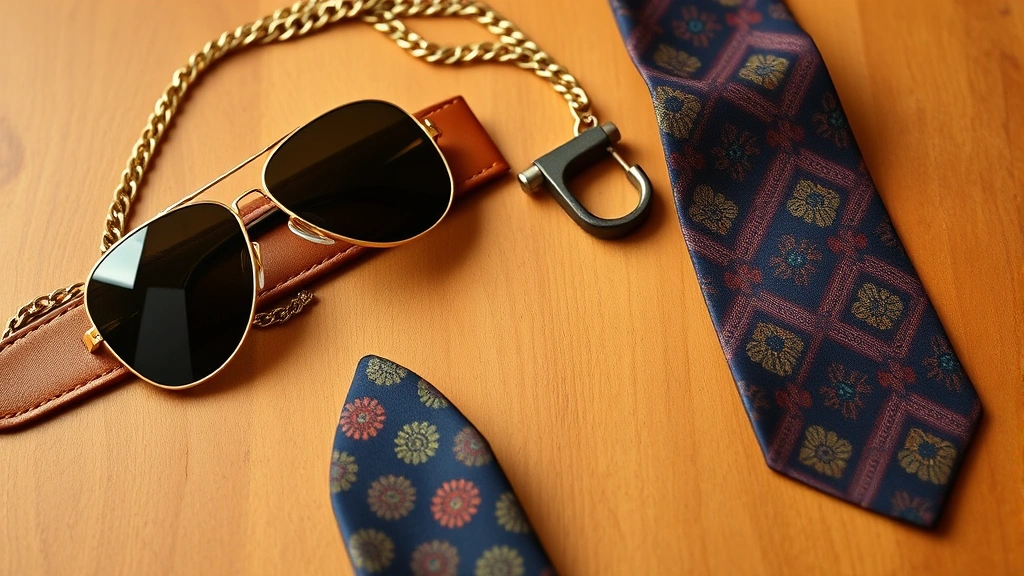 Flat lay of 70s menswear accessories: wide leather cognac belt with statement buckle, gold-toned chain necklace, oversized aviator sunglasses with tinted lenses, patterned silk tie in jewel tones, all arranged artfully on warm wooden surface