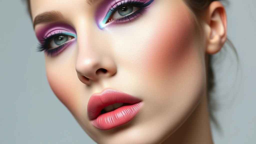 Artistic makeup look featuring asymmetrical purple and teal eyeliner patterns with high cheekbone blush application, visible foundation, and statement lips photographed from three-quarter angle