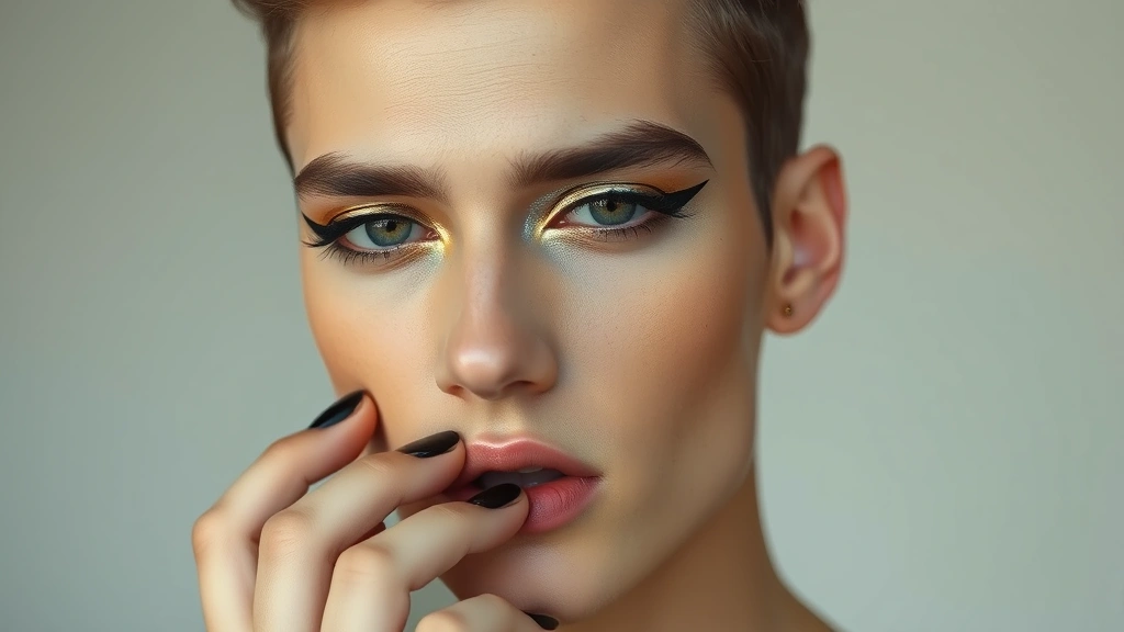 Full face shot of male model wearing complete 80s makeup aesthetic including pale matte foundation, defined cheekbones with warm blush, bold metallic eyeshadow in silver and gold with black eyeliner wings, black painted nails visible near face, confident expression