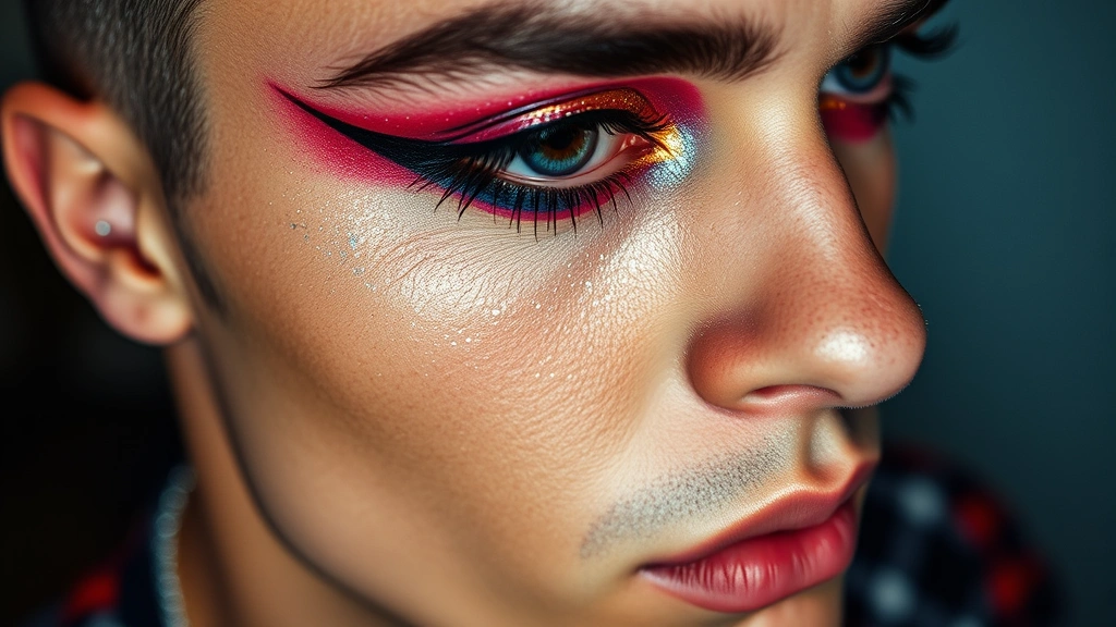 Detailed shot of 80s male makeup featuring lower lash line with black eyeliner, glitter particles catching light, layered eyeshadow in contrasting colors creating color-blocked effect, professional makeup application on diverse male face, artistic and bold aesthetic